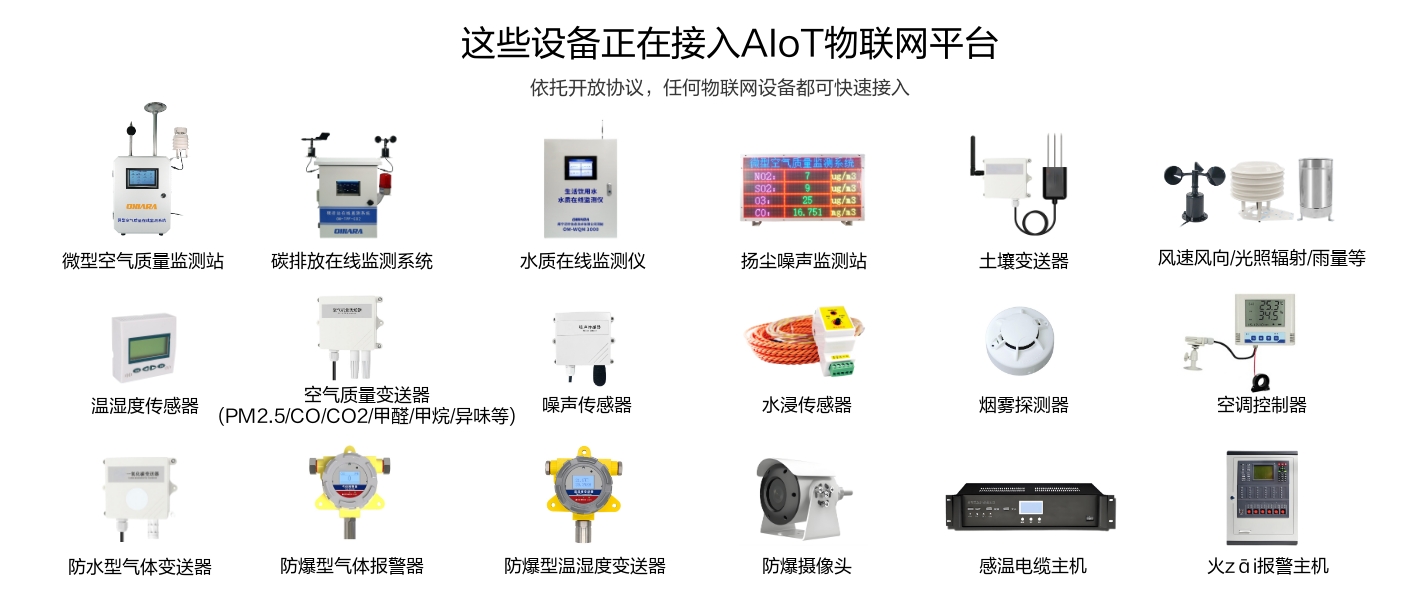 微型空氣站、水質(zhì)監(jiān)測(cè)儀、揚(yáng)塵噪聲監(jiān)測(cè)站、溫濕度傳感器、水浸傳感器、氣體變送器等環(huán)境設(shè)備正在接入物聯(lián)網(wǎng)平臺(tái)