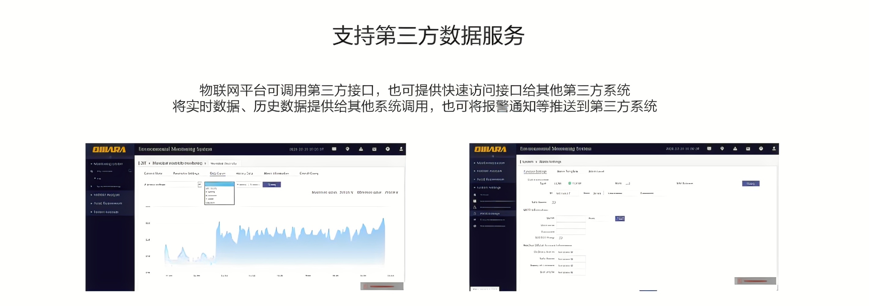 物聯(lián)網(wǎng)平臺(tái)可調(diào)用第三方接口，也可提供快速訪問(wèn)接口給其他第三方系統(tǒng)，將實(shí)時(shí)數(shù)據(jù)、歷史數(shù)據(jù)提供給其他系統(tǒng)調(diào)用，也可將報(bào)警通知等推送到第三方系統(tǒng)