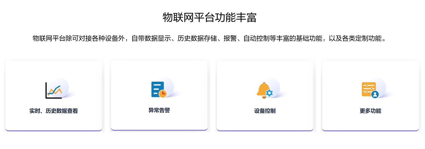 物聯(lián)網(wǎng)平臺(tái)功能豐富，除可對(duì)接各種設(shè)備外，自帶數(shù)據(jù)顯示、歷史數(shù)據(jù)存儲(chǔ)、報(bào)警、自動(dòng)控制等豐富的基礎(chǔ)功能，以及各類定制功能。